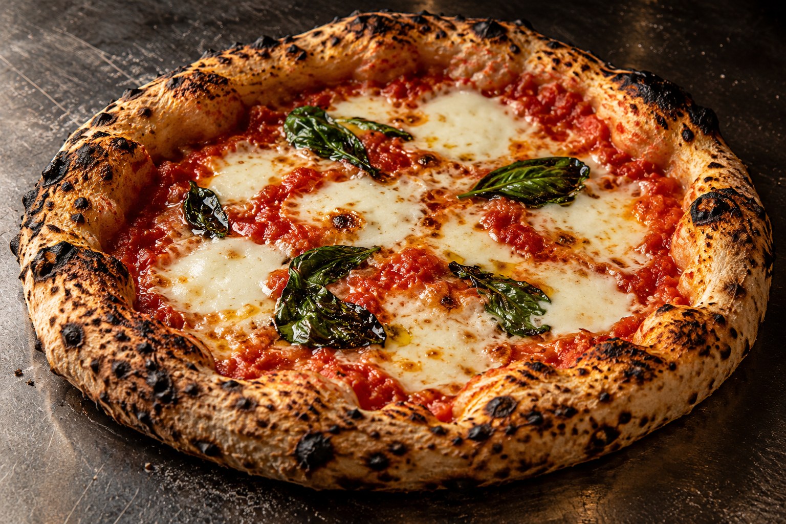 Margherita pizza with basil and a charred crust